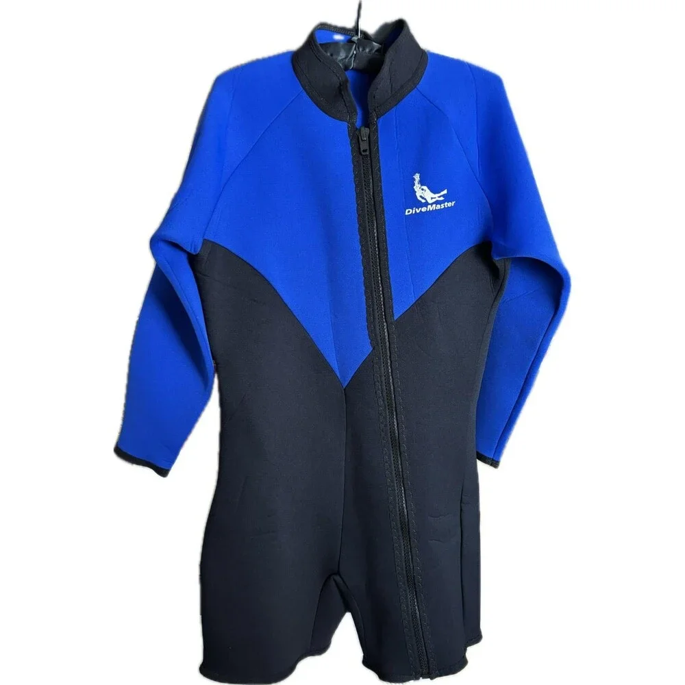 Vintage Divemaster Shorty Wetsuit XXL USA Made Blue Black 3mm Front Zip Diving